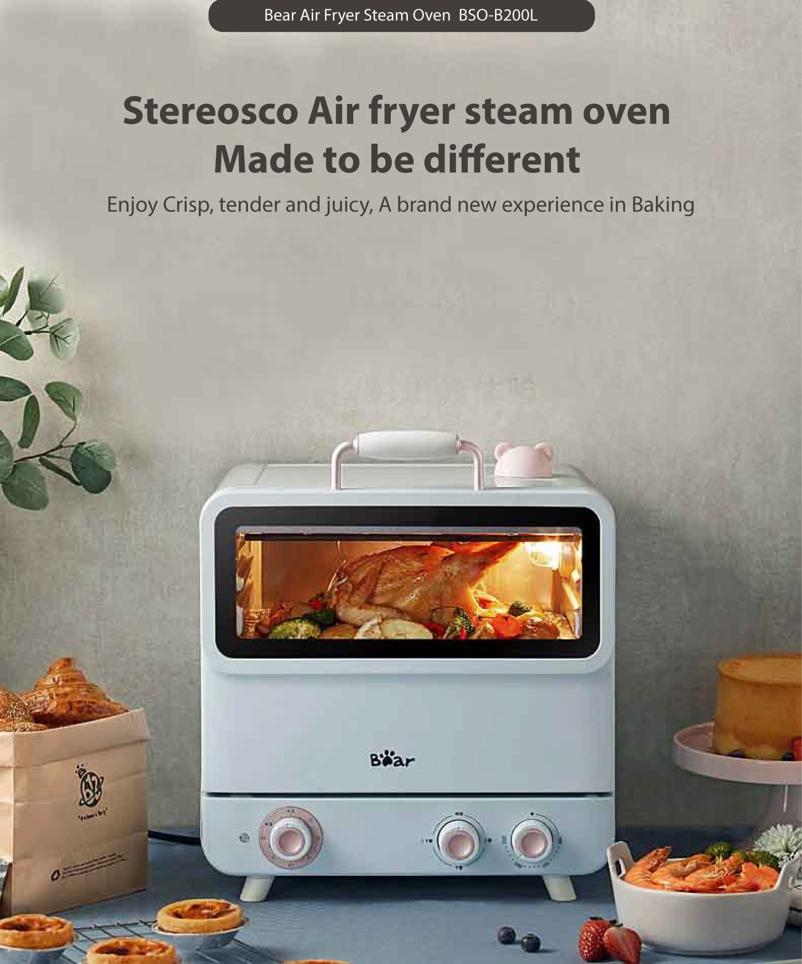 BEAR BSOB200L 20L Steam Oven Household Automatic Multifunctional Home Electric Small Baking Oven